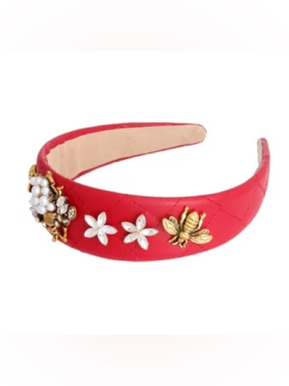 Embellished Red Quilted Headband with Floral and Bee Accents